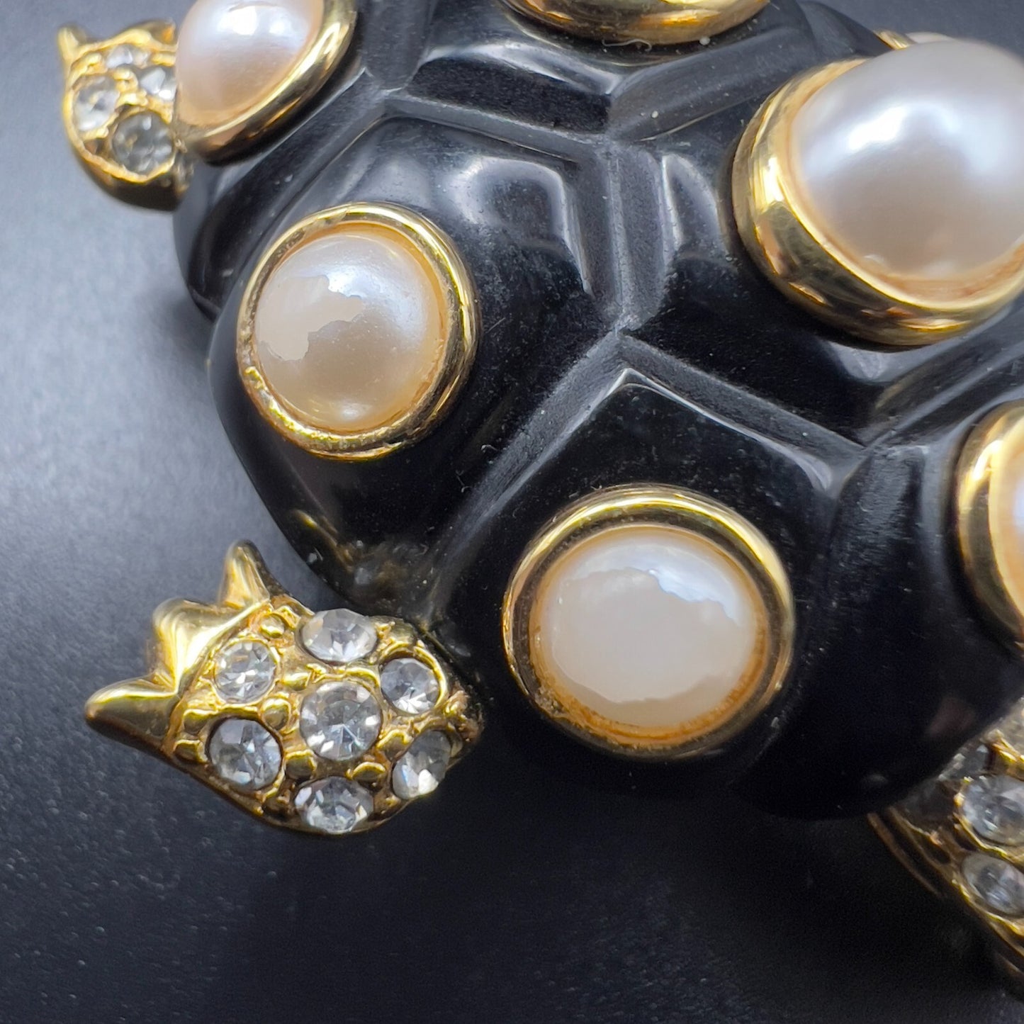 Vintage Signed KJL Tortoise Gold-Tone Faux Pearl & Crystals on Black Brooch Pin