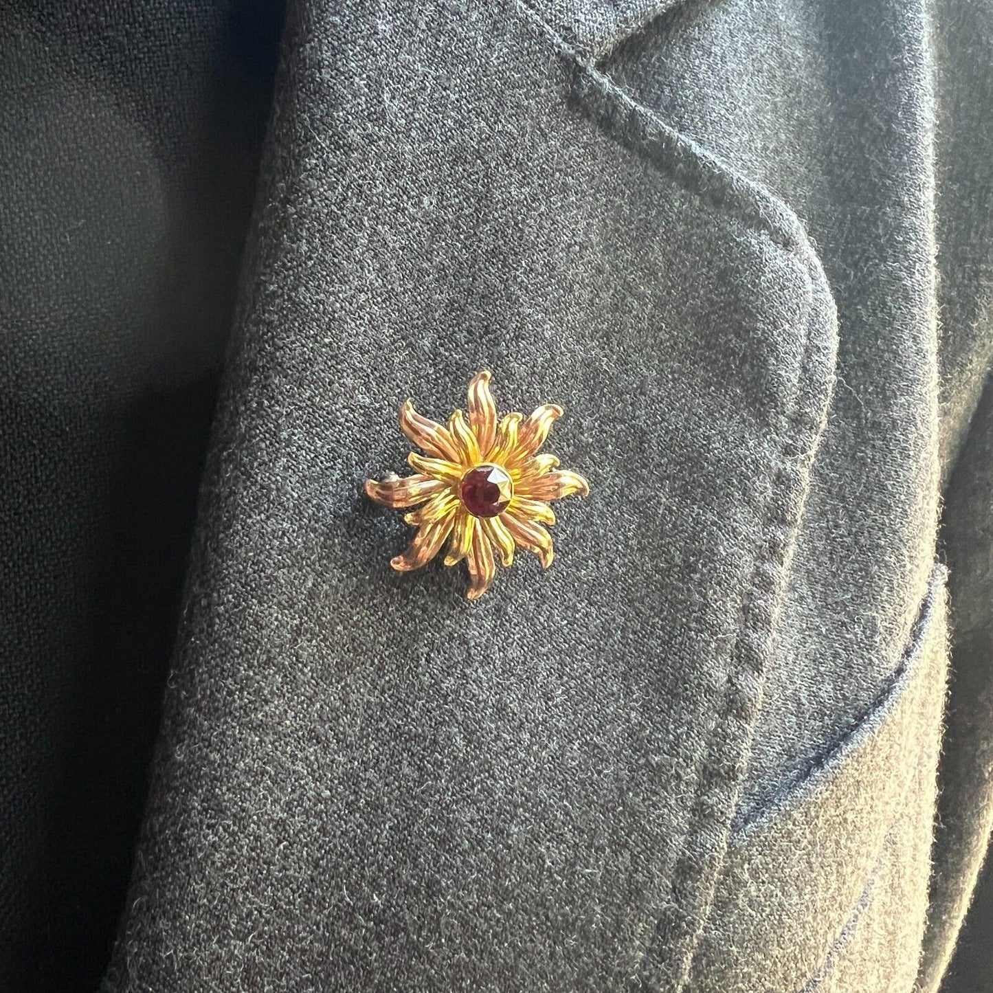 Vintage Signed Van Dell 1/20 12K Gold-Filled Flower with Red Crystal Brooch Pin