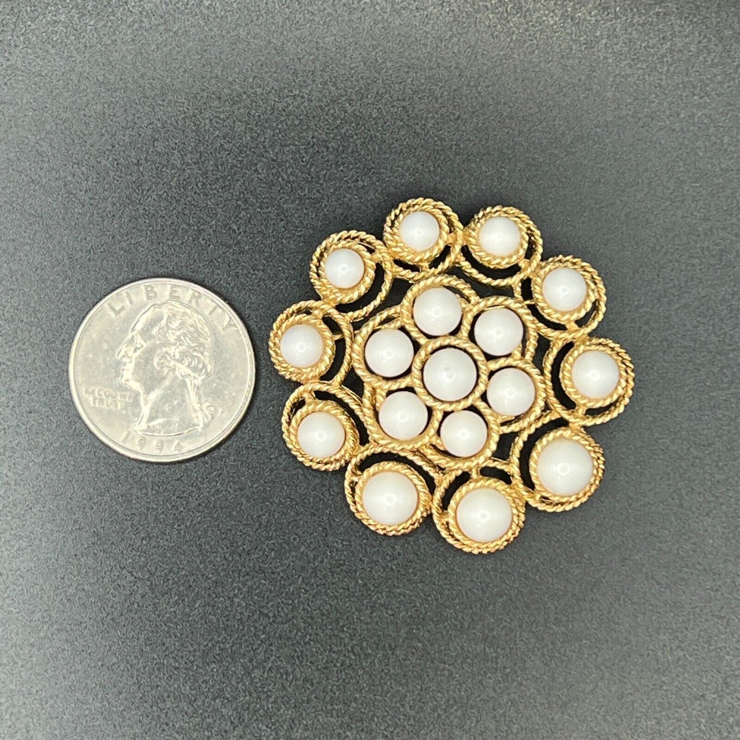 Vintage Signed Trifari Elegant Gold-Toned with Circular White Stones Brooch Pin