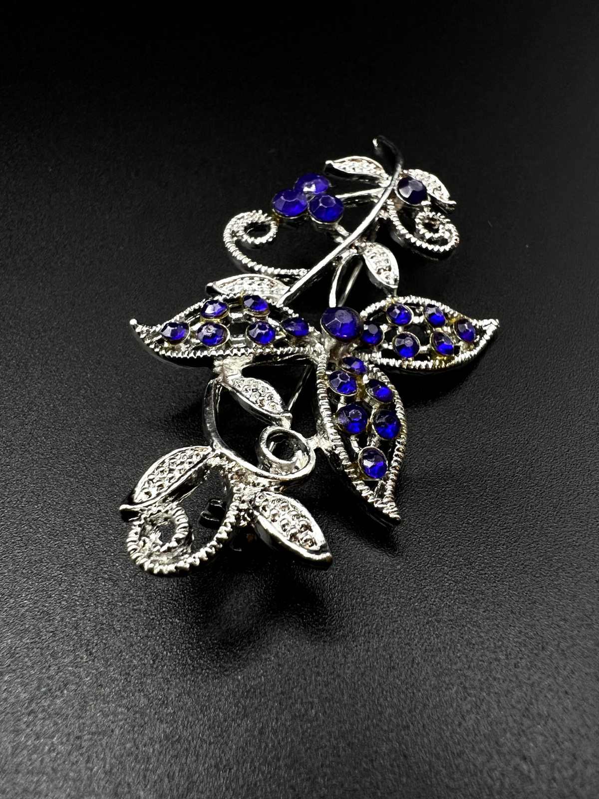 Vintage Silver-Toned Whimsical Flower with Blue and Clear Rhinestones Brooch Pin