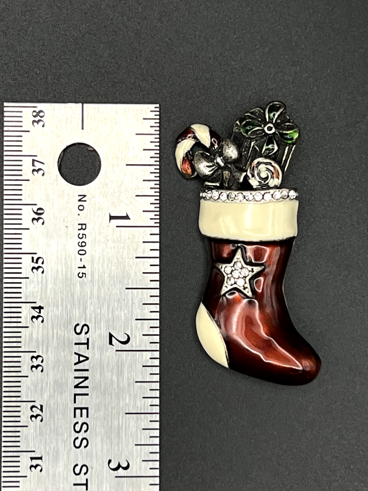 Vintage Dark Red/Brown and Cream Enameled Stocking Brooch Pin