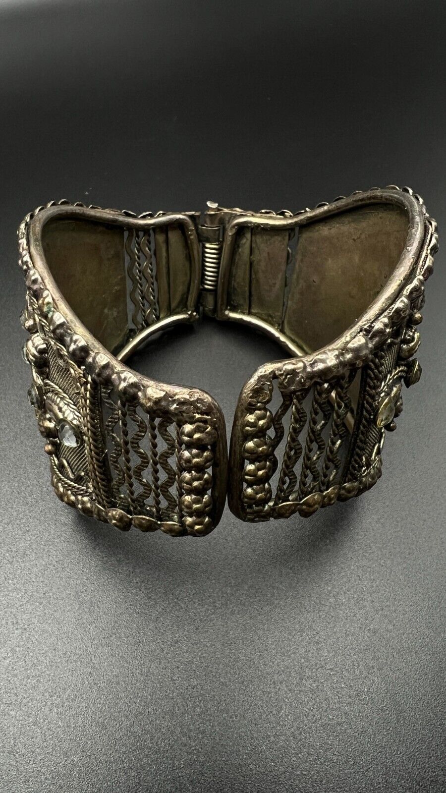 Vintage Ornately Silver-Toned Mesh with Clear Rhinestones Spring Cuff Bracelet