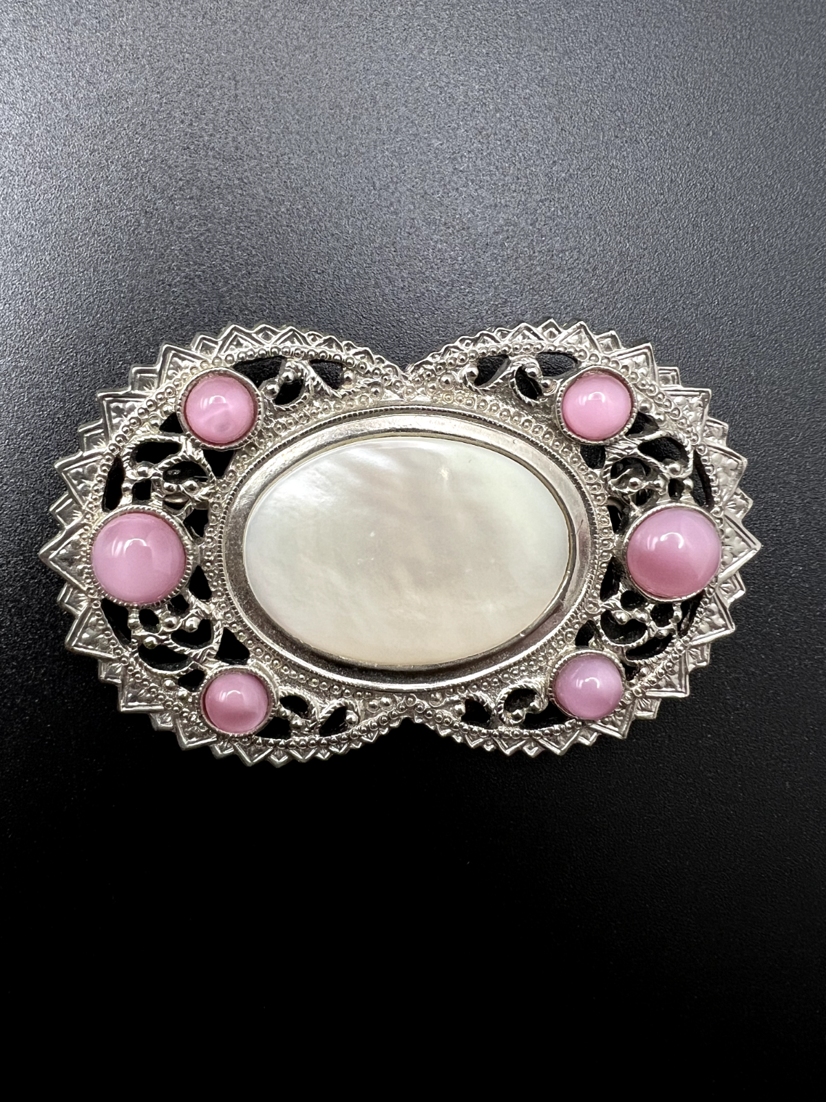 Vintage Lovely Pink And White Beaded Filigree and Scrollwork Brooch Pin