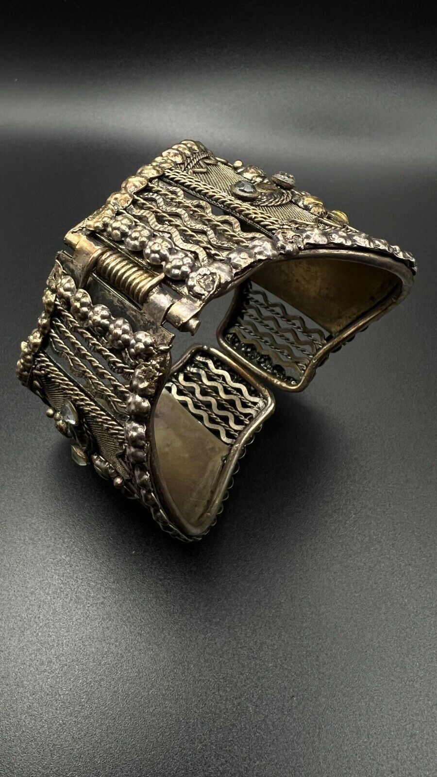 Vintage Ornately Silver-Toned Mesh with Clear Rhinestones Spring Cuff Bracelet