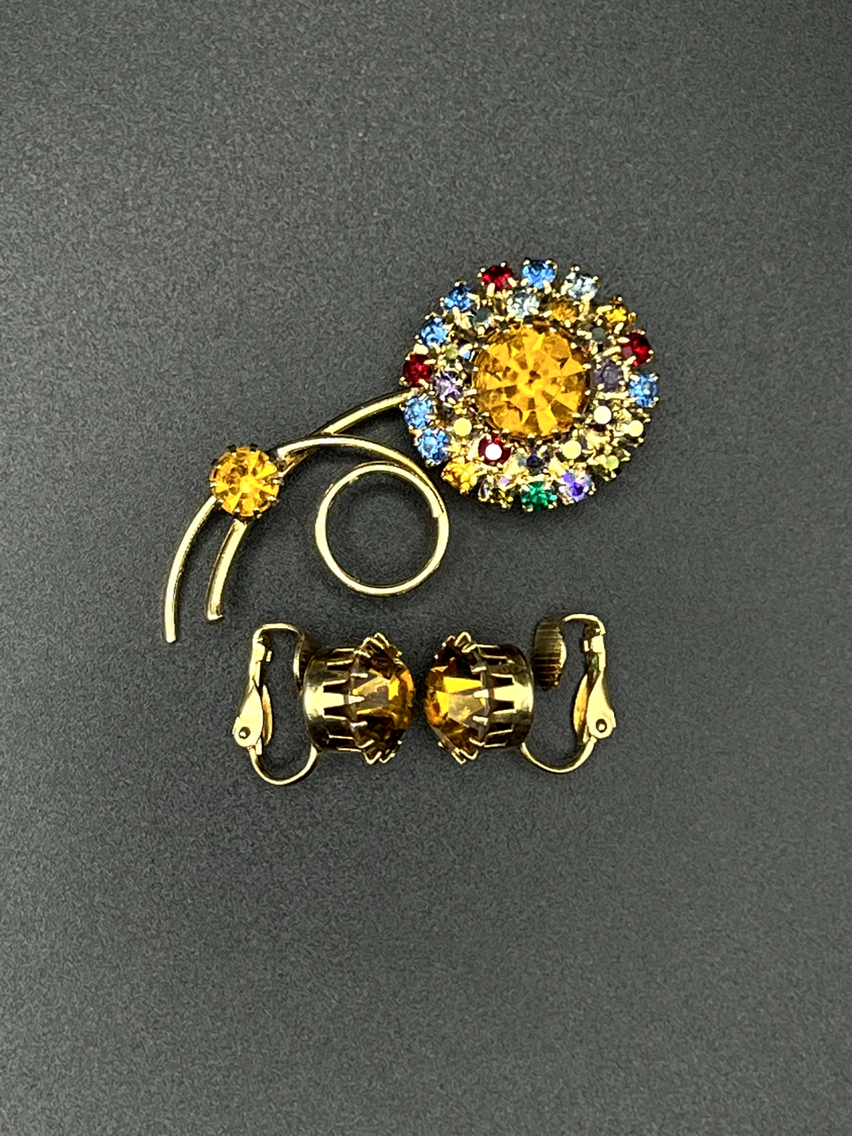 Vintage Gold-Toned & Earring Set w Citrine & Multicolored Rhinestones Brooch Pin