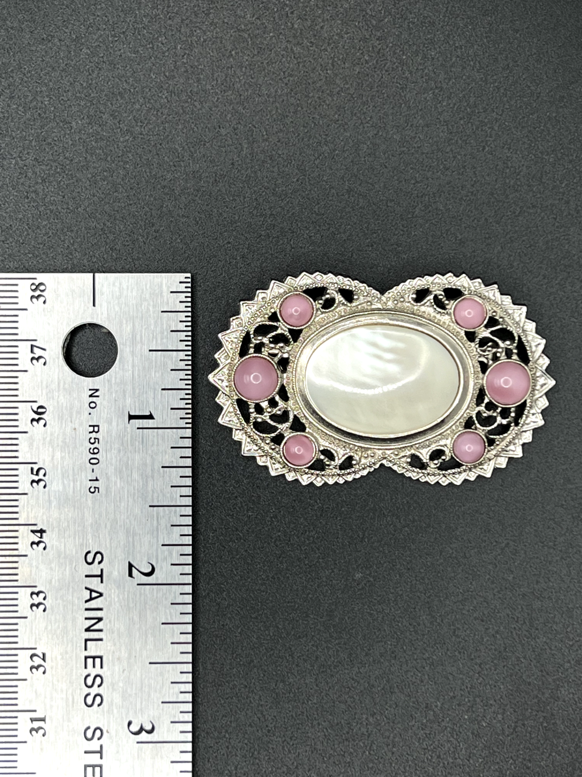 Vintage Lovely Pink And White Beaded Filigree and Scrollwork Brooch Pin