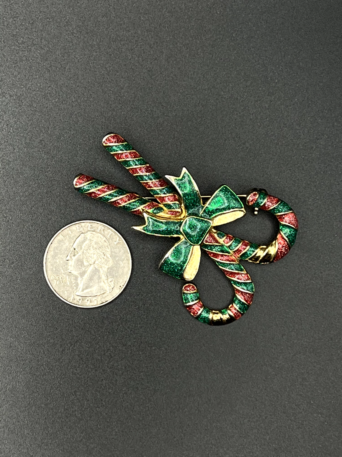 Vintage Green, Red And Gold Enameled Candy Cane Brooch Pin