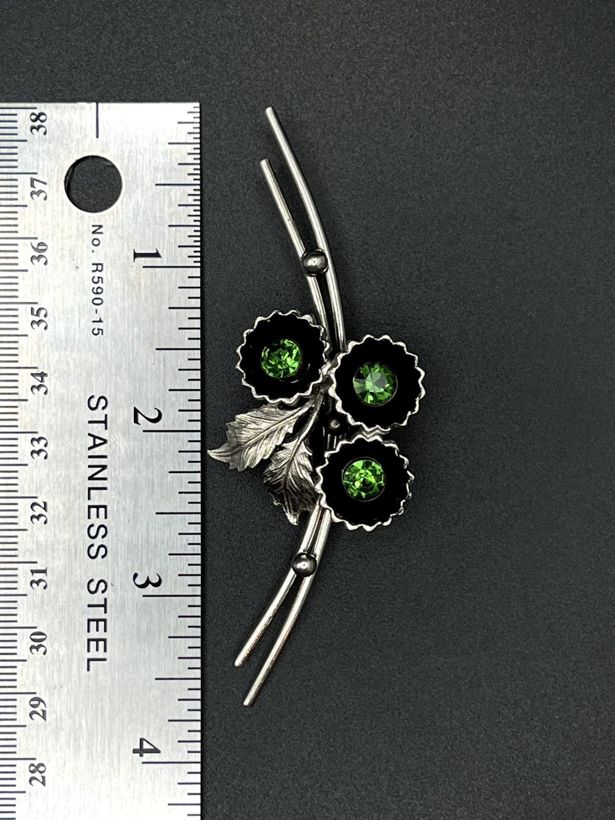 Vintage Signed ST LABRE Silver-Toned Flower With Green Rhinestones Brooch Pin
