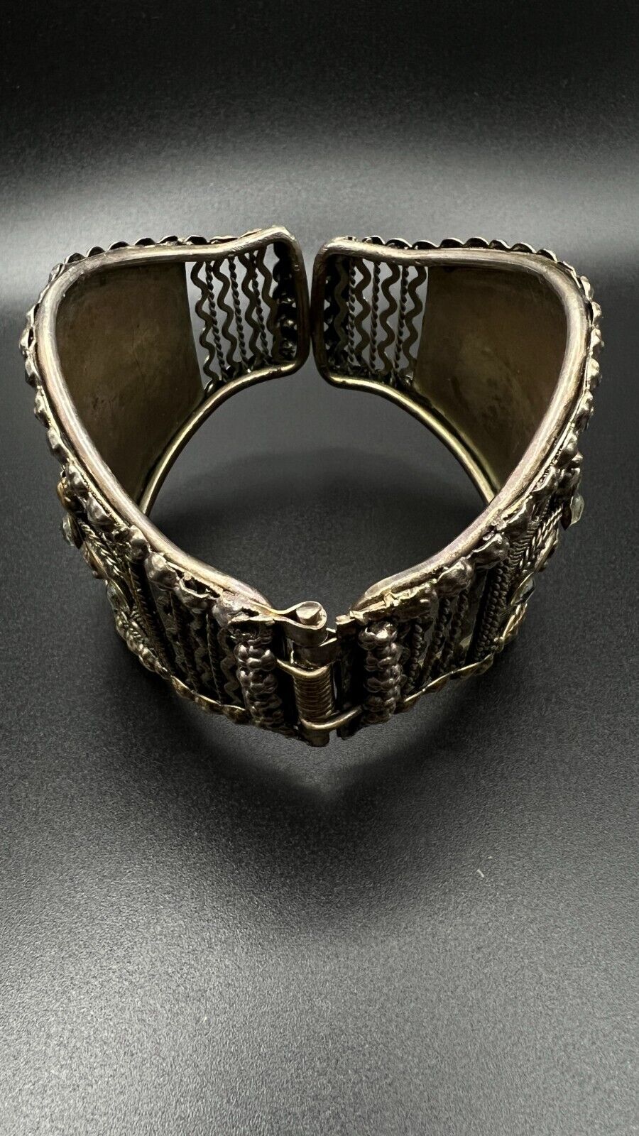 Vintage Ornately Silver-Toned Mesh with Clear Rhinestones Spring Cuff Bracelet
