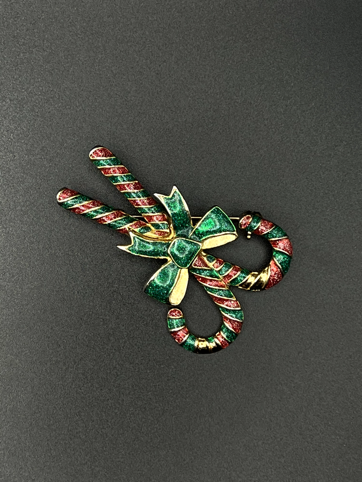 Vintage Green, Red And Gold Enameled Candy Cane Brooch Pin