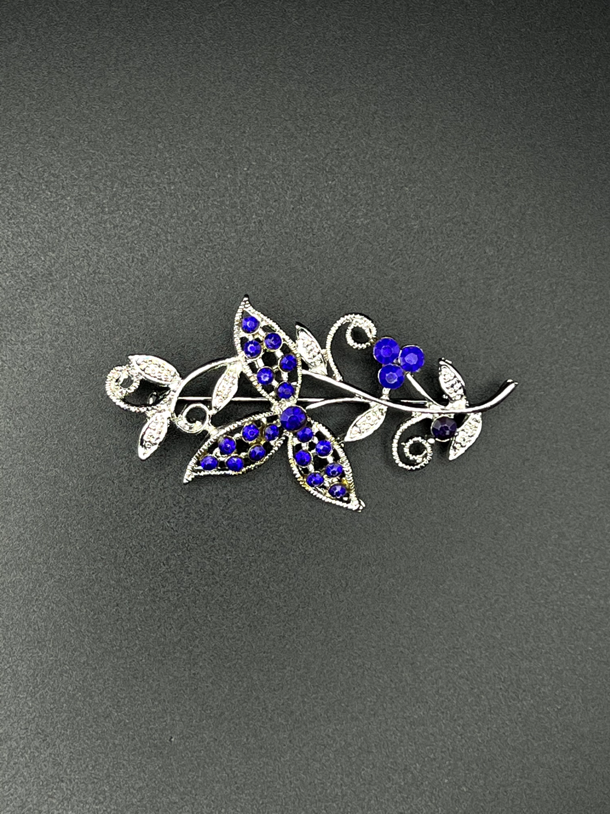 Vintage Silver-Toned Whimsical Flower with Blue and Clear Rhinestones Brooch Pin
