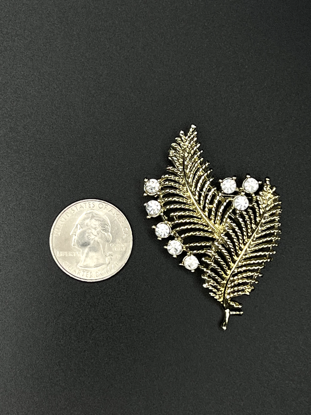 Vintage Gold-Toned Leaf With Glass Crystals Brooch Pin