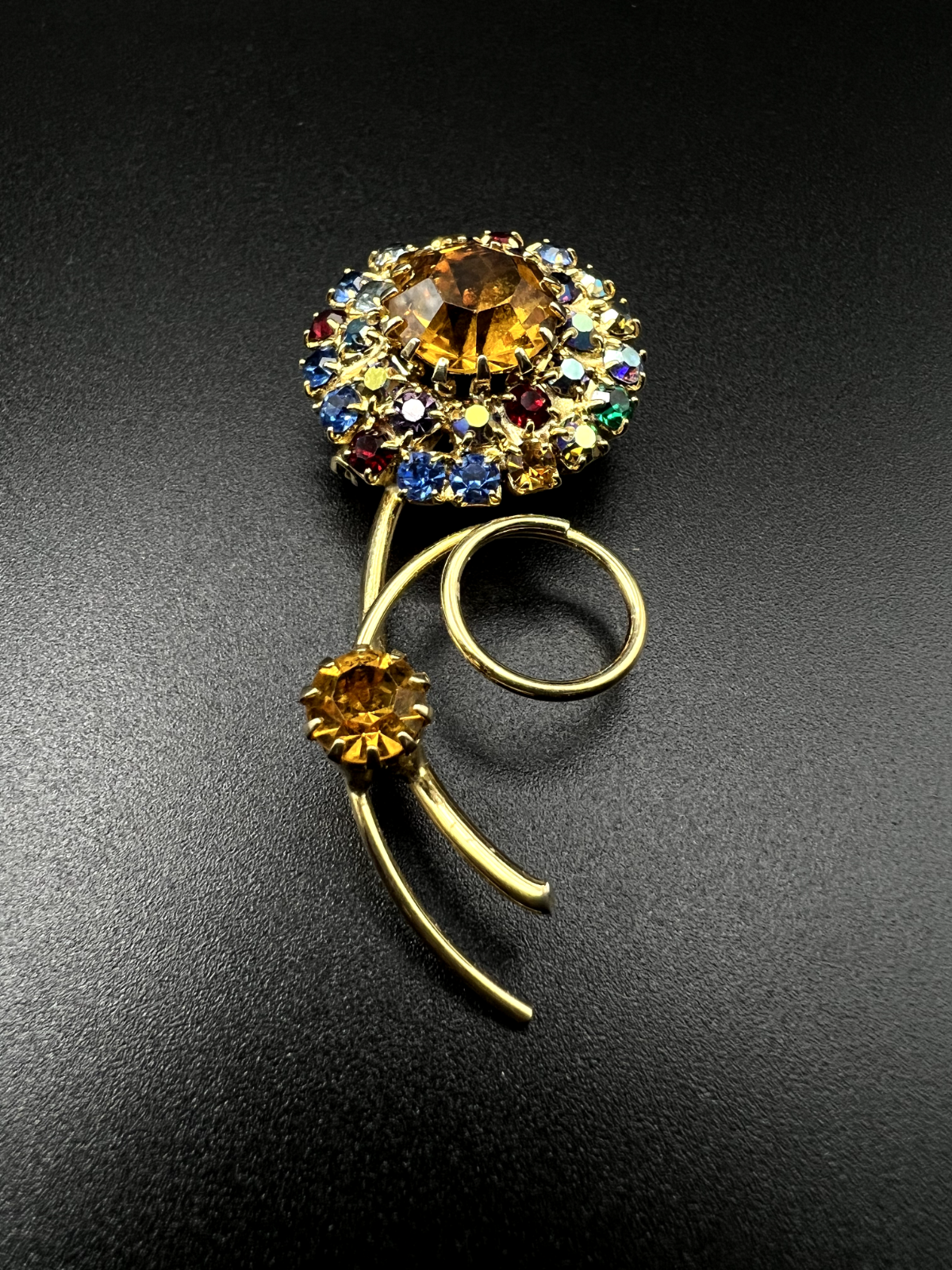 Vintage Gold-Toned & Earring Set w Citrine & Multicolored Rhinestones Brooch Pin