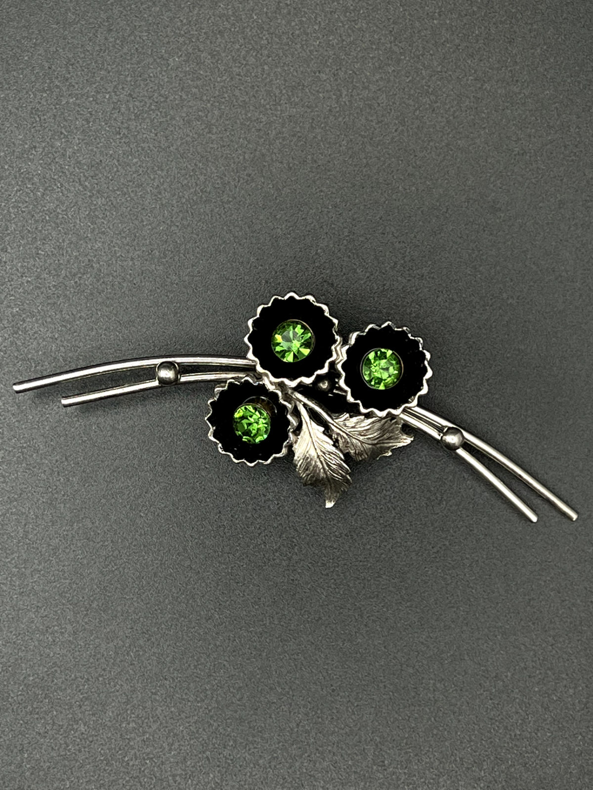 Vintage Signed ST LABRE Silver-Toned Flower With Green Rhinestones Brooch Pin