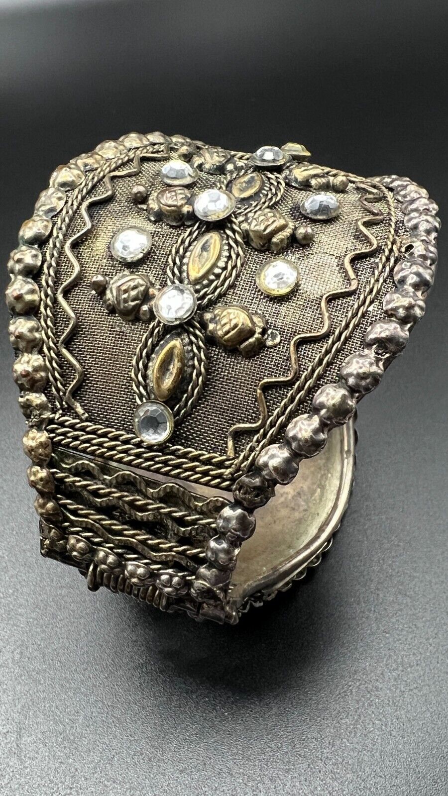 Vintage Ornately Silver-Toned Mesh with Clear Rhinestones Spring Cuff Bracelet