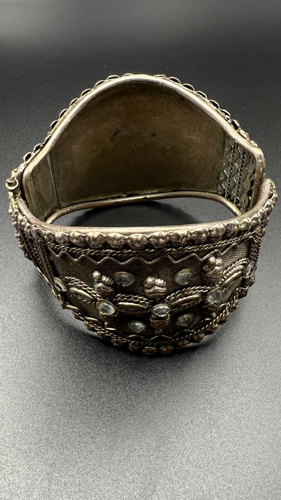 Vintage Ornately Silver-Toned Mesh with Clear Rhinestones Spring Cuff Bracelet