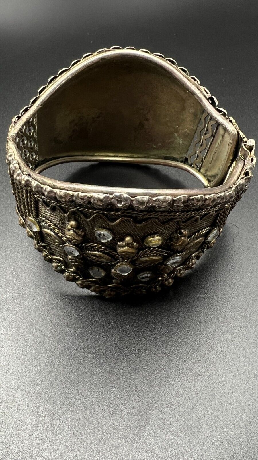 Vintage Ornately Silver-Toned Mesh with Clear Rhinestones Spring Cuff Bracelet