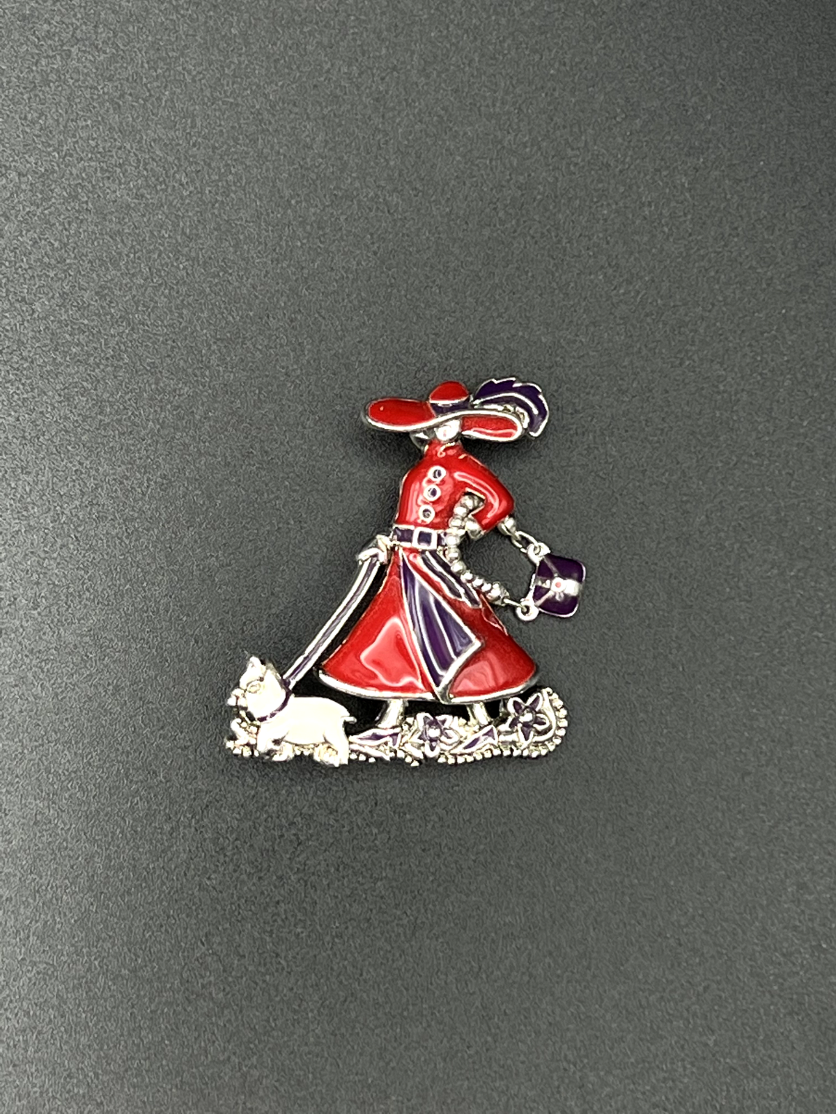 Vintage Red, Purple, White, Silver Enameled Lady With Movable Purse Brooch Pin