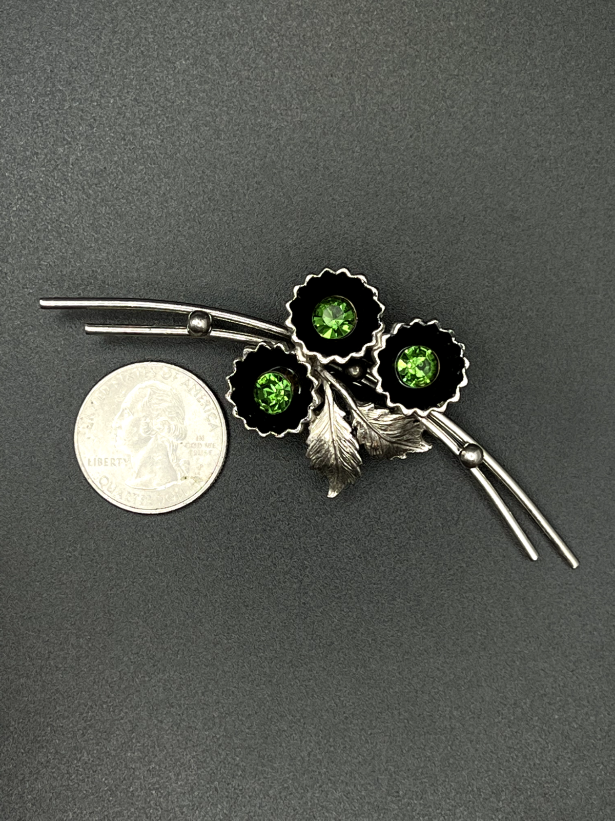 Vintage Signed ST LABRE Silver-Toned Flower With Green Rhinestones Brooch Pin
