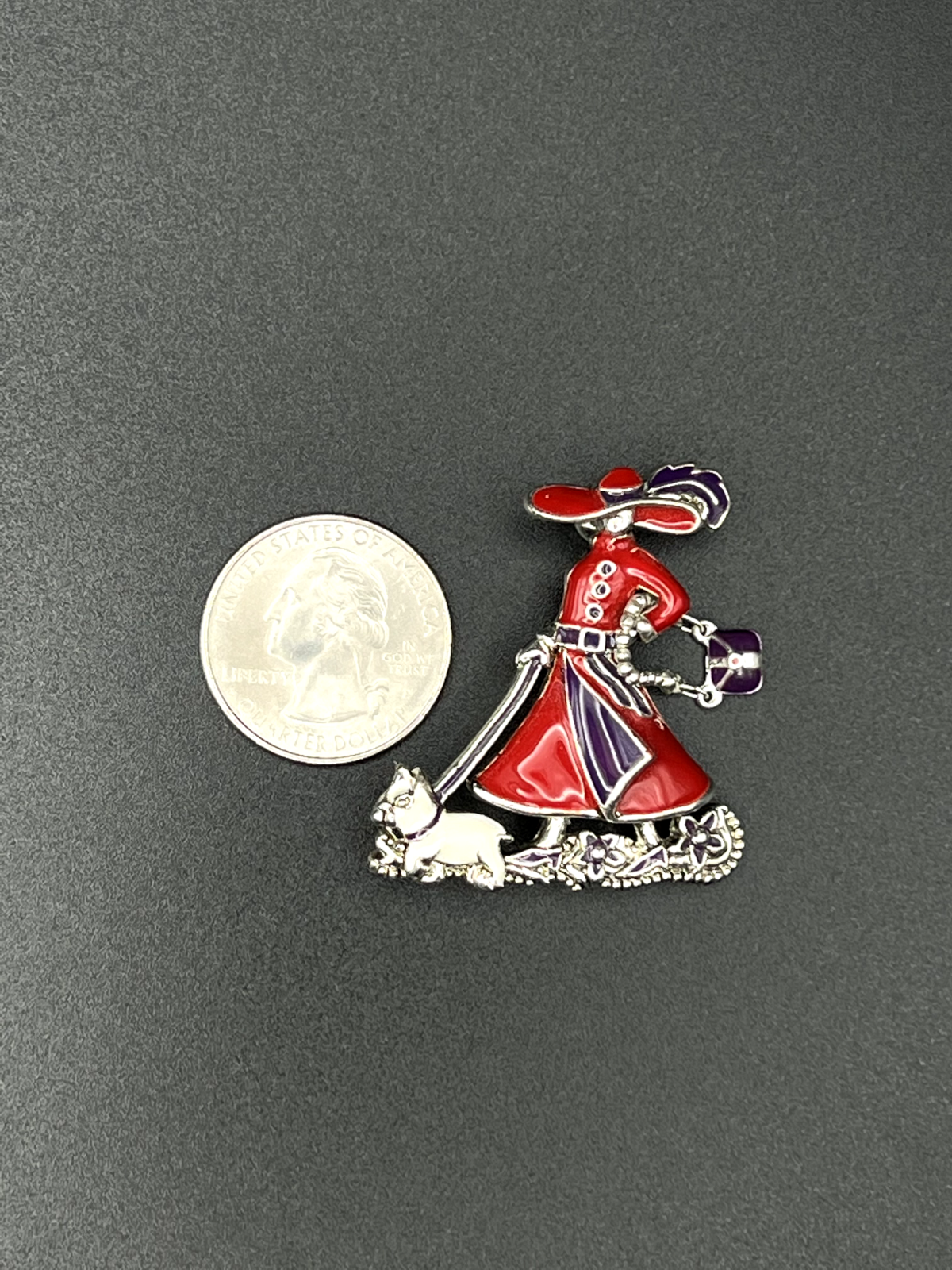 Vintage Red, Purple, White, Silver Enameled Lady With Movable Purse Brooch Pin