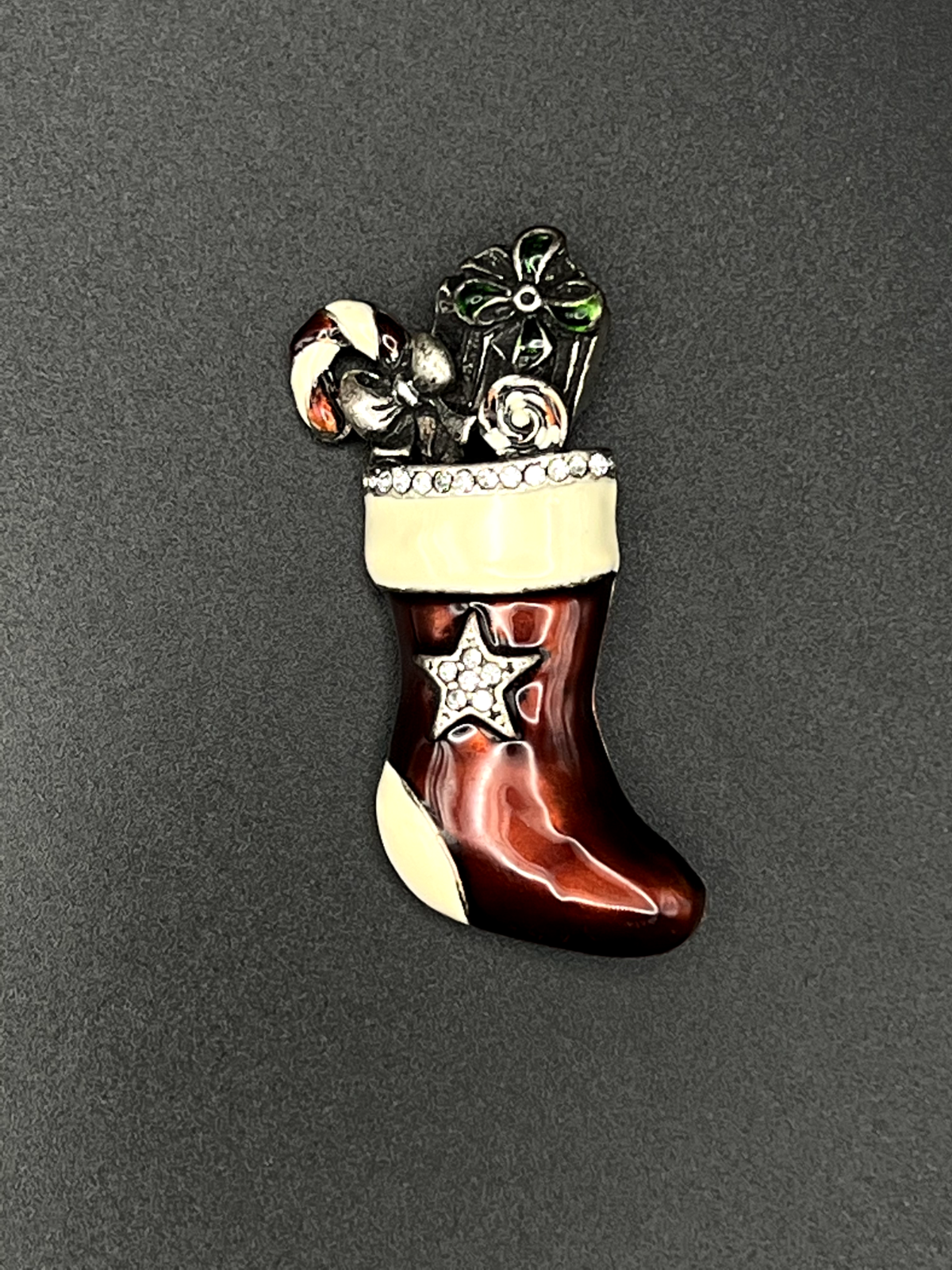 Vintage Dark Red/Brown and Cream Enameled Stocking Brooch Pin