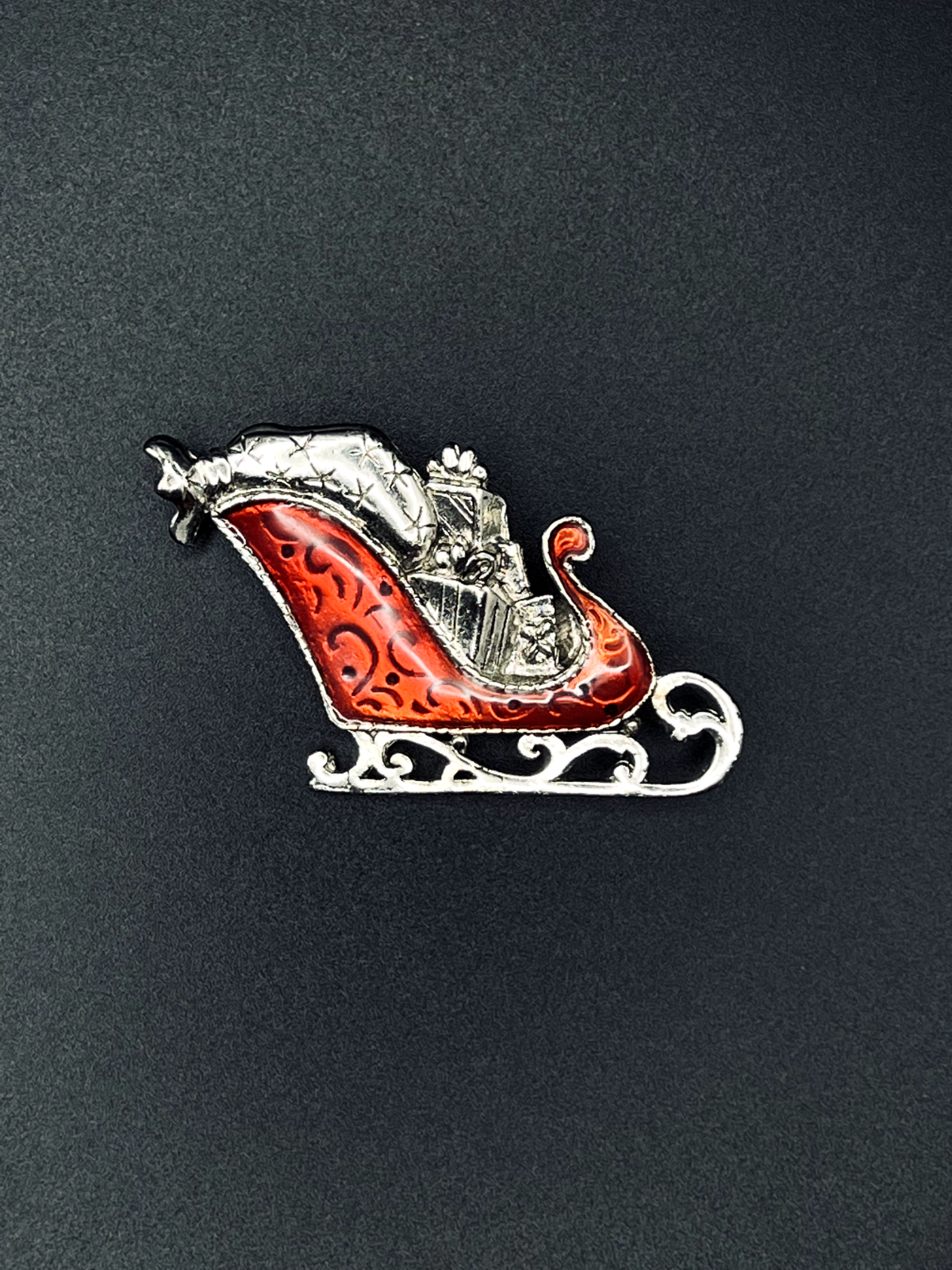 Vintage Holiday Sleigh Full Of Gifts Red Enameled Silver-Toned Brooch Pin