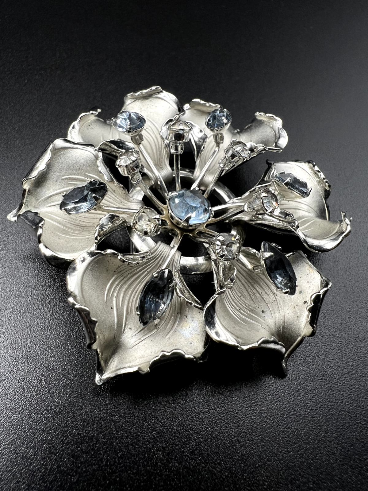 Vintage Silver-Toned Flower With Smoky Blue & Clear Rhinestones Brooch Pin