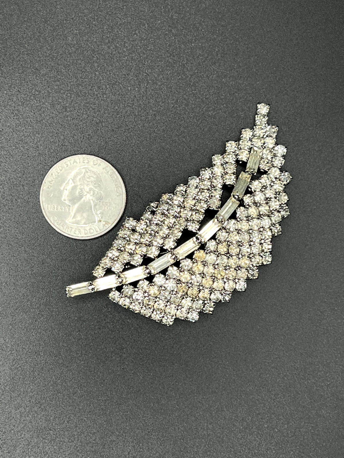 Vintage Large Silver-Toned Leaf With Baguette And Round Rhinestones Brooch Pin