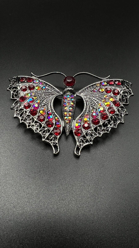 Vintage Art Deco Butterfly- Ruby Red & AB Rhinestones Gunmetal Finish Brooch Pin