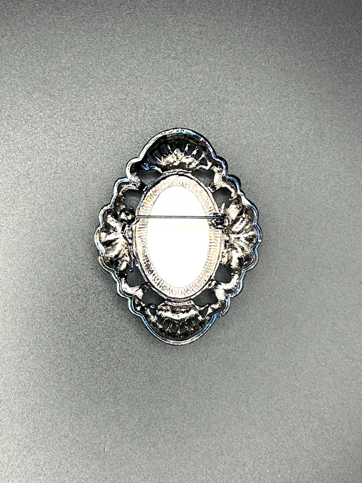 Vintage Dark Silver-Tone with Clear Rhinestones and Glass Enclosed Cameo Brooch