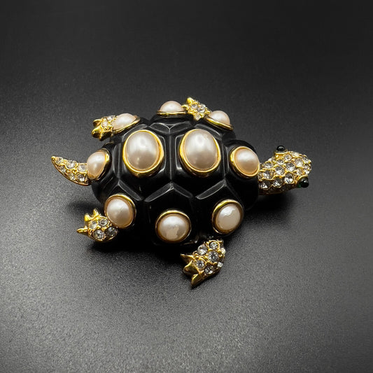 Vintage Signed KJL Tortoise Gold-Tone Faux Pearl & Crystals on Black Brooch Pin