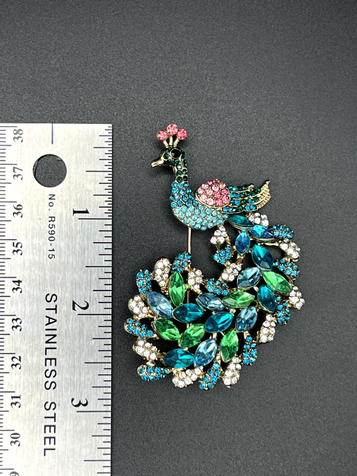 Vintage Gold-Toned with Pink, Blue, Green and Clear Crystals Peacock Brooch Pin