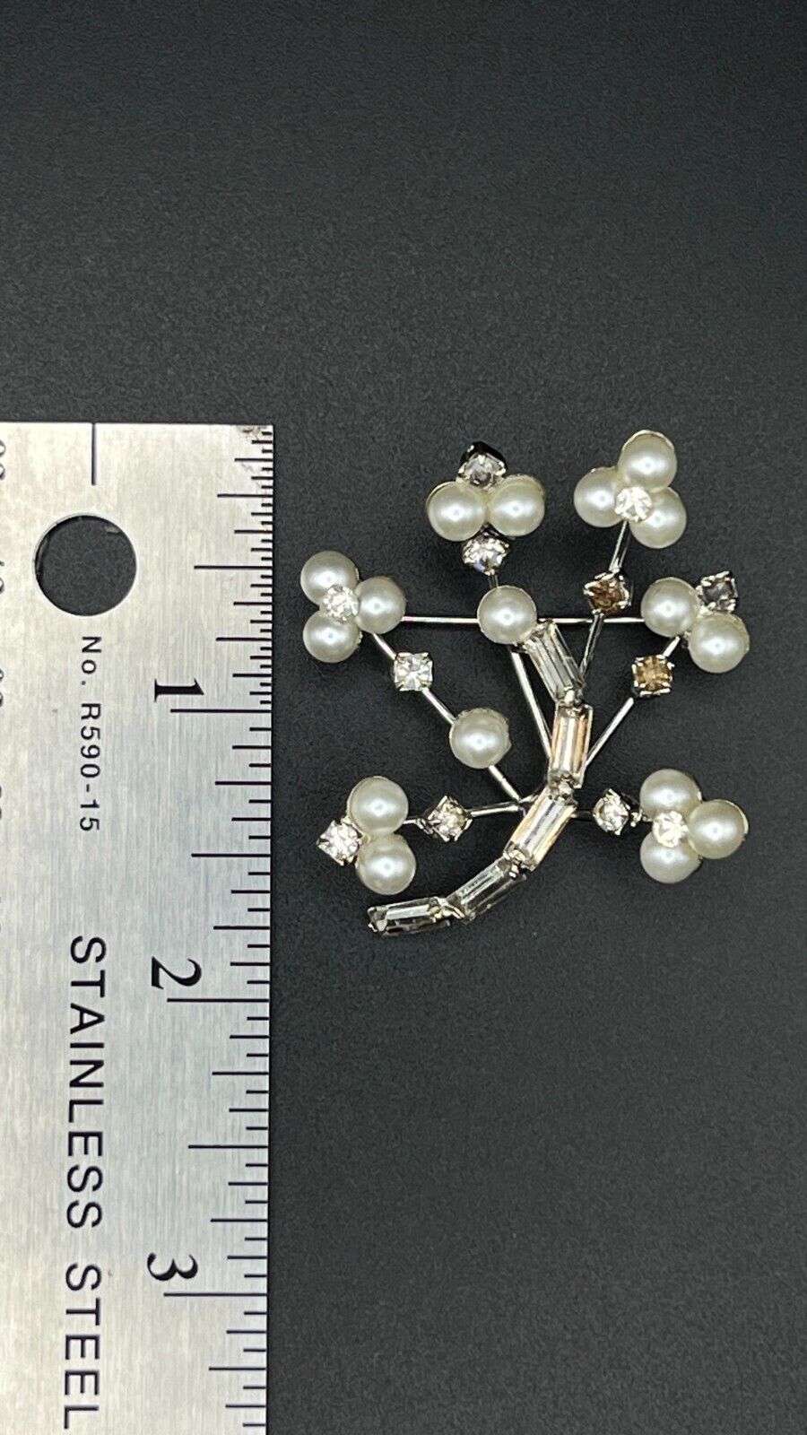 Vintage Silver-Toned Tree Branch with Clear Rhinestones & Faux Pearls Brooch Pin