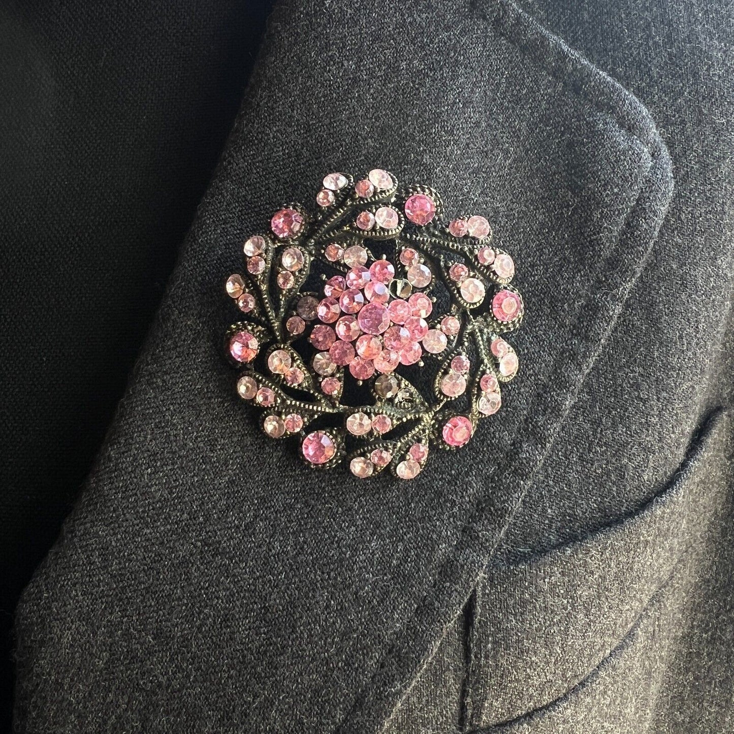 Vintage Delightful Grey-Toned, Pink & Light Pink Rhinestones Flower Brooch Pin