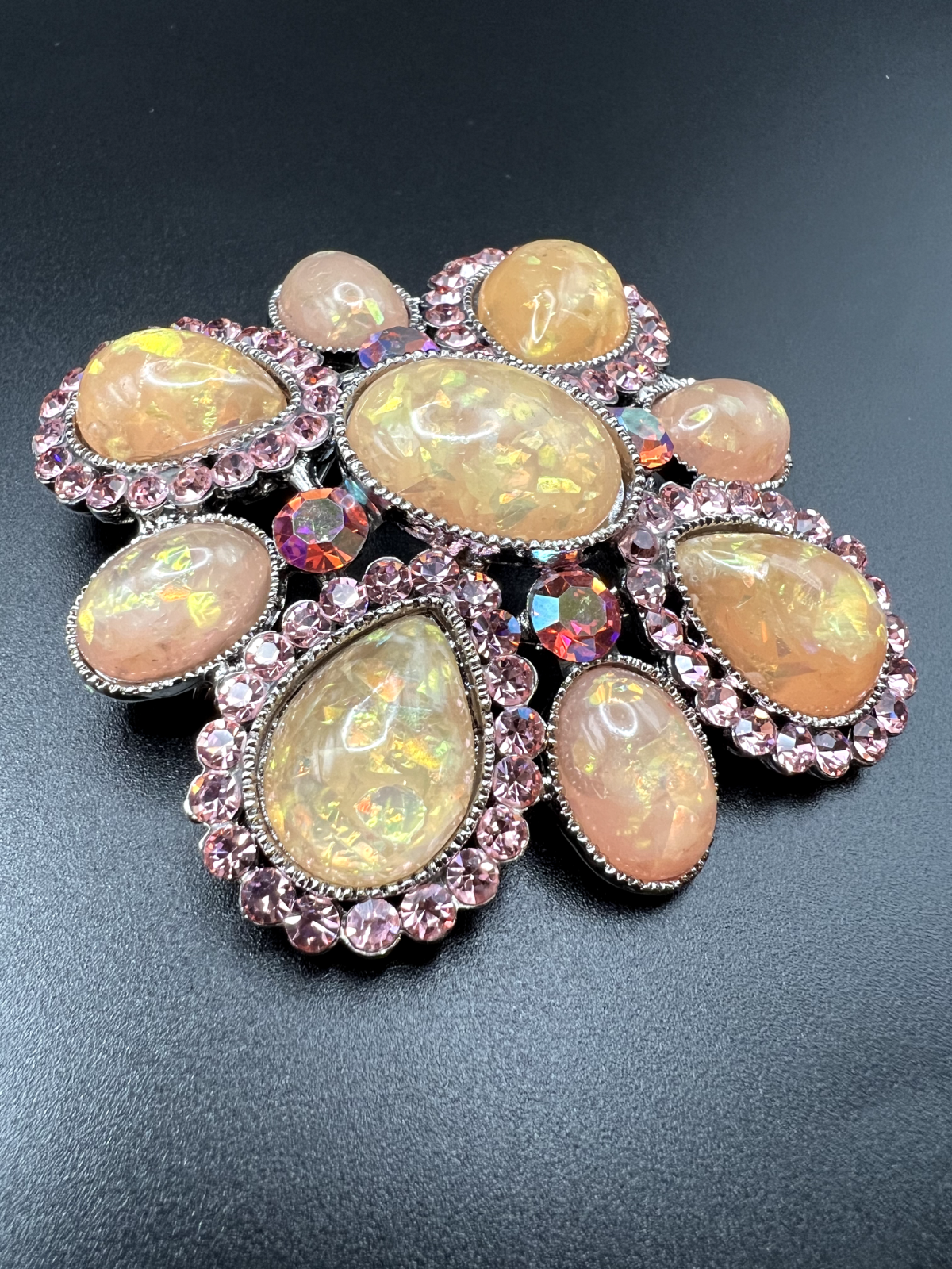 Vintage Signed SNK with Rose, Pink & Gold Aurora Borealis Rhinestones Brooch Pin