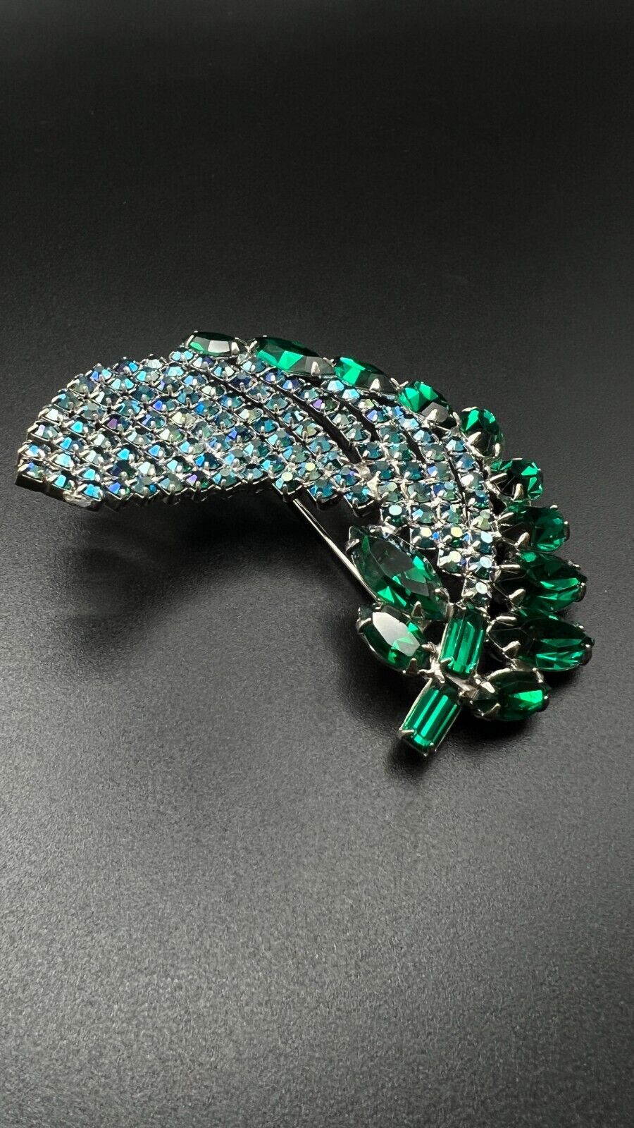 Vintage Large Sparkling Silver-Toned with Green and Blue Rhinestones Brooch Pin