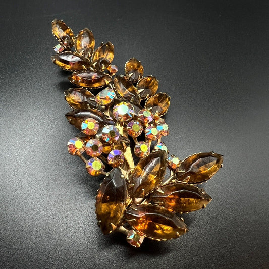 Vintage Stunning Gold-Toned AB & Topaz Colored Rhinestones Large Brooch Pin