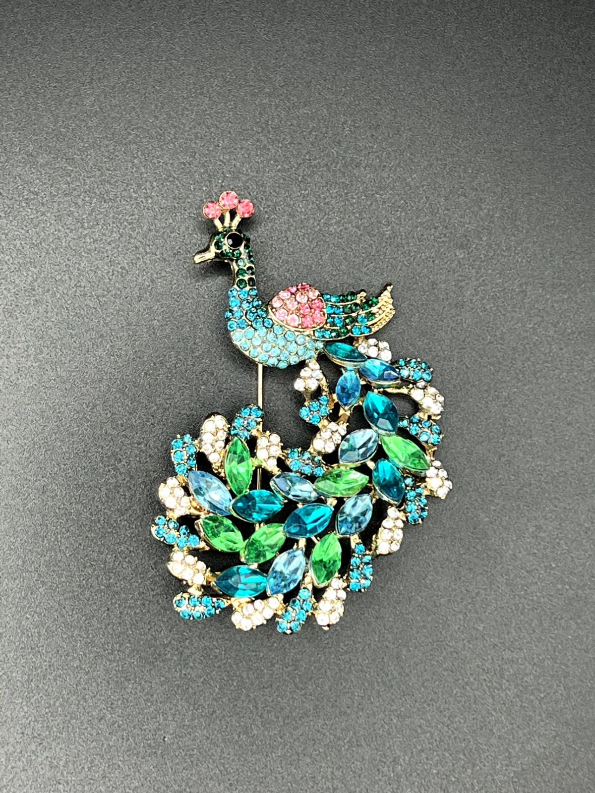 Vintage Gold-Toned with Pink, Blue, Green and Clear Crystals Peacock Brooch Pin