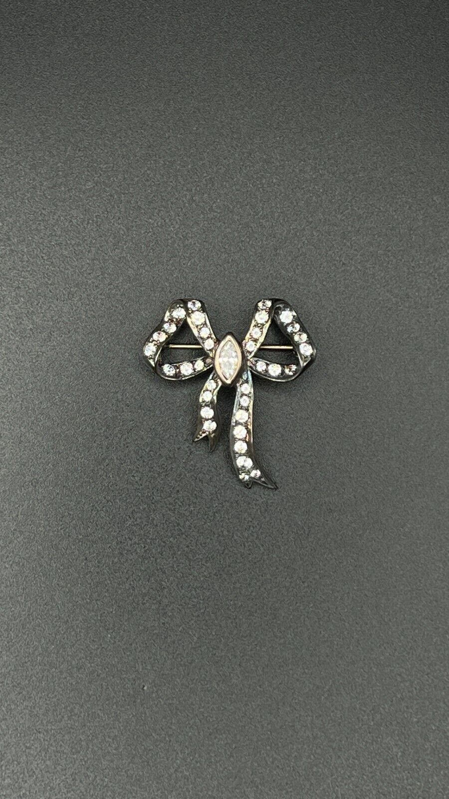 Vintage Small Sterling Silver Bow with Clear Rhinestones Brooch Pin