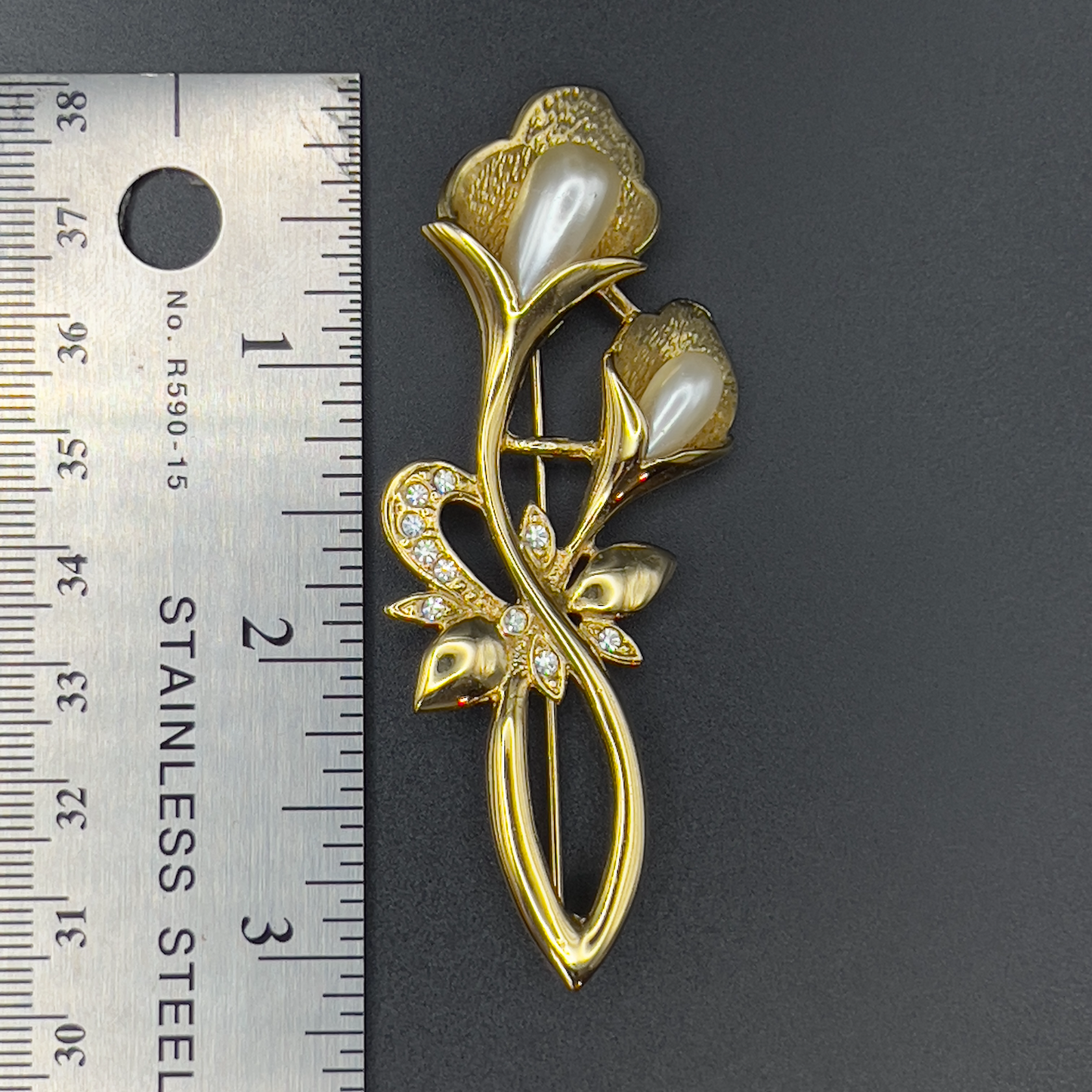 Vintage Gold-Toned Flowers with Faux Pearl & Clear Rhinestones Brooch Pin