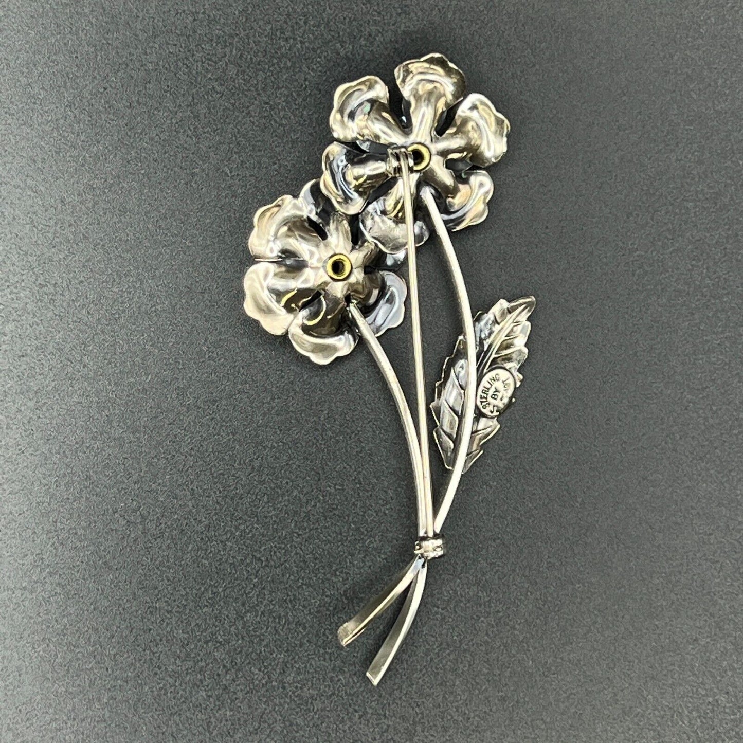 Vintage Marked Jewelart Sterling Silver Multi-Petaled Flowers w Leaf  Brooch Pin