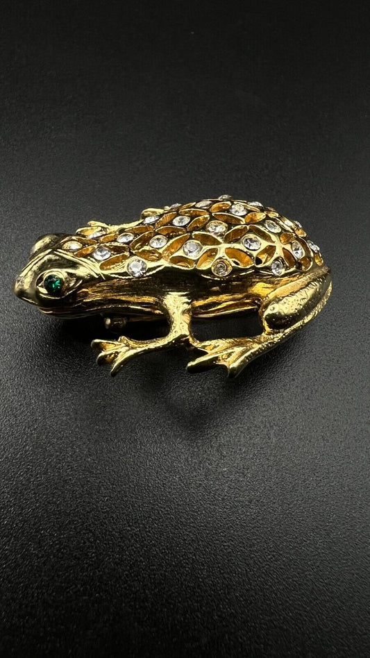 Vintage Gold-Toned & Clear Rhinestone Frog with Green Crystal Eyes Brooch Pin