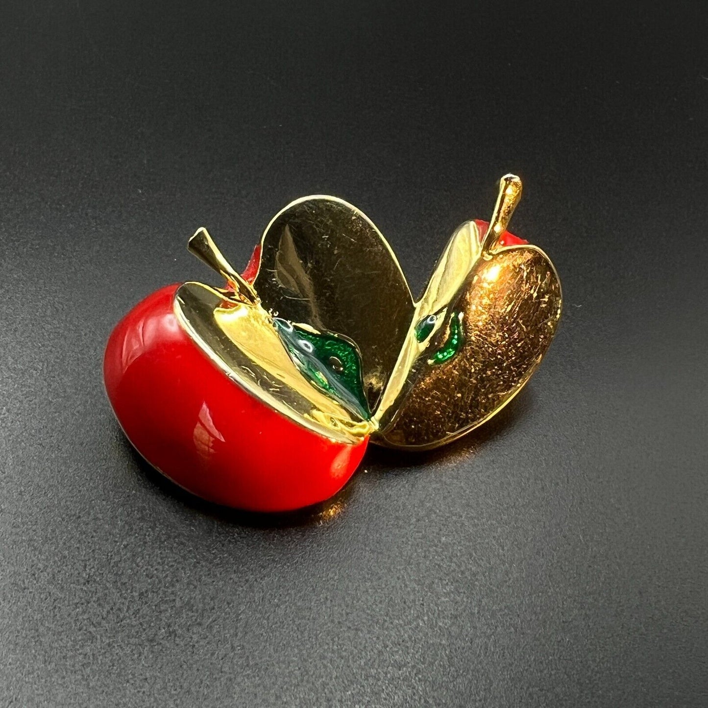 Vintage Novelty Red Enameled Gold-Toned Split Apple Brooch Pin