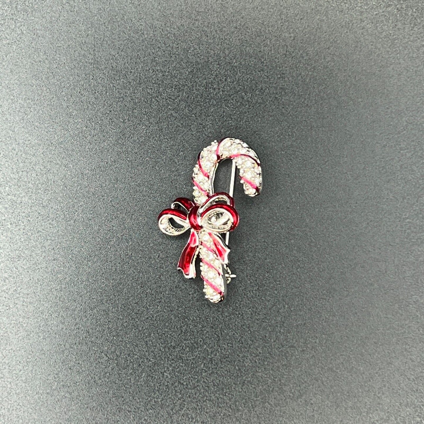 Vintage Novelty Swarovski Signed Candy Cane w Red Ribbon & Bow Brooch Pin