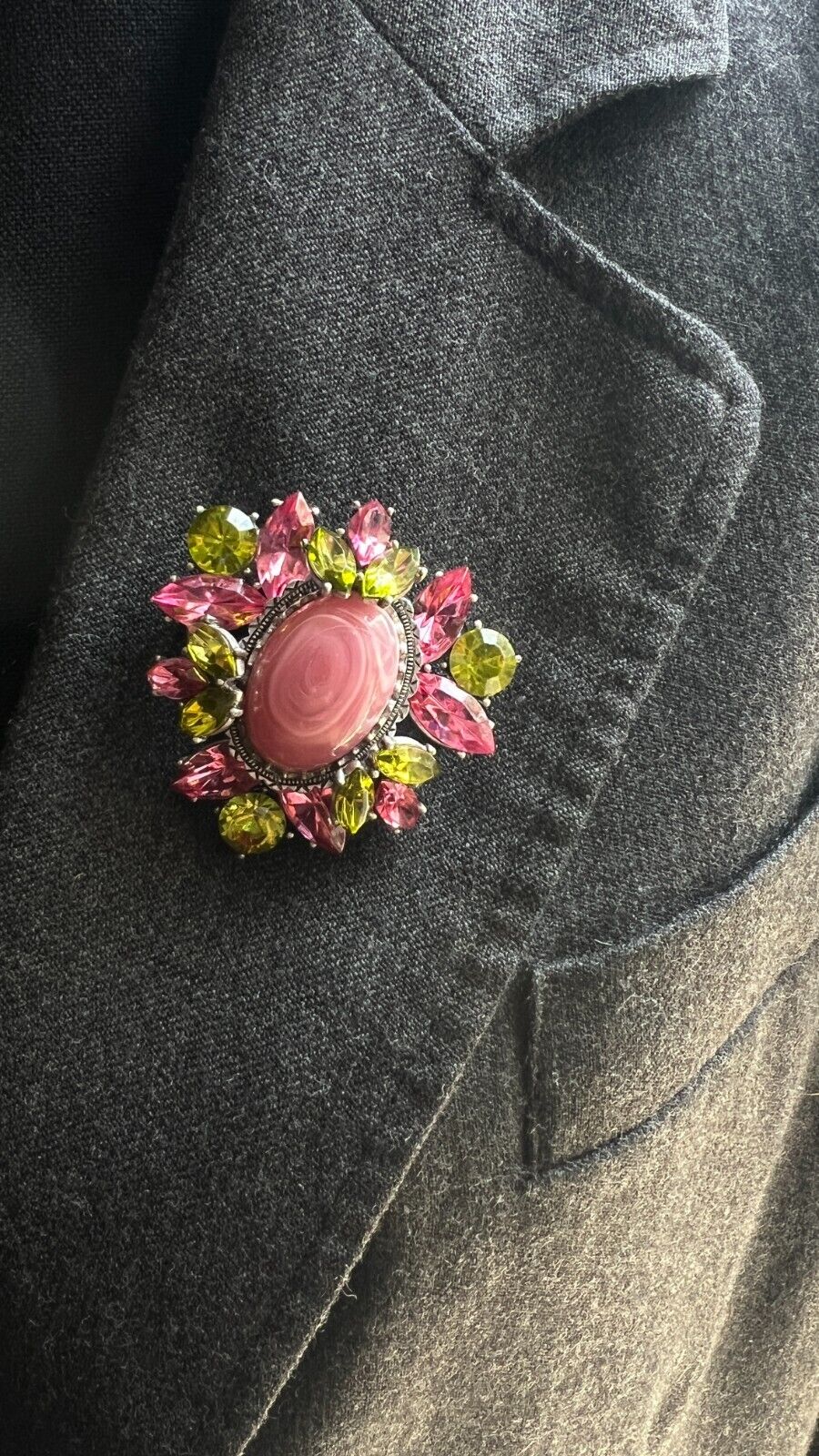 Vintage Flower Large Pink Center Stone with Pink and Green Crystals Brooch Pin