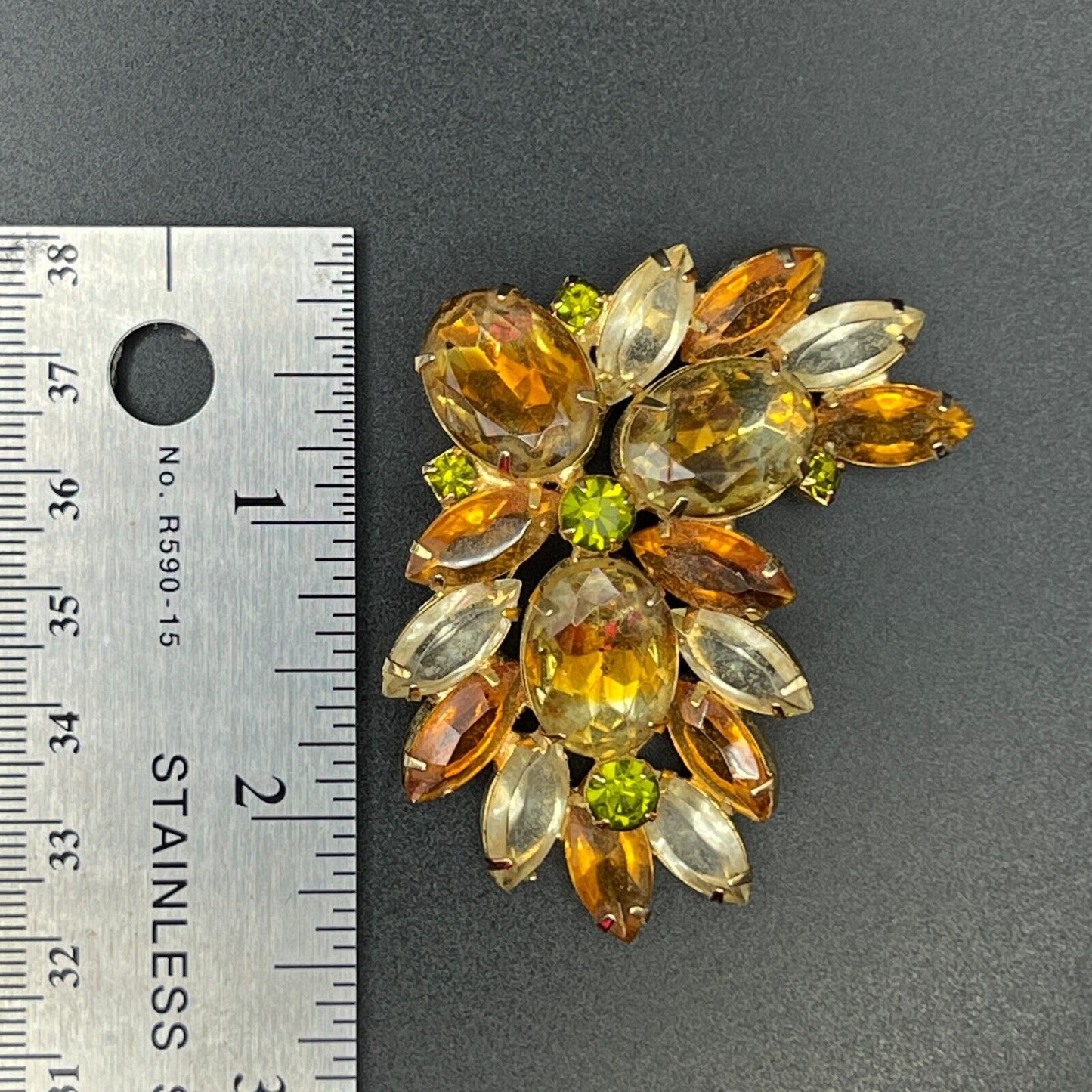 Vintage Gold-Toned Multi Faceted Clear Topaz, Green & Gold Rhinestone Brooch Pin