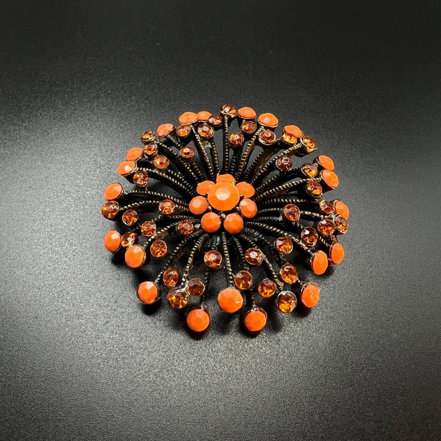 Vintage Orange Stones & Topaz Rhinestones Starburst Gold-Toned Brooch Pin