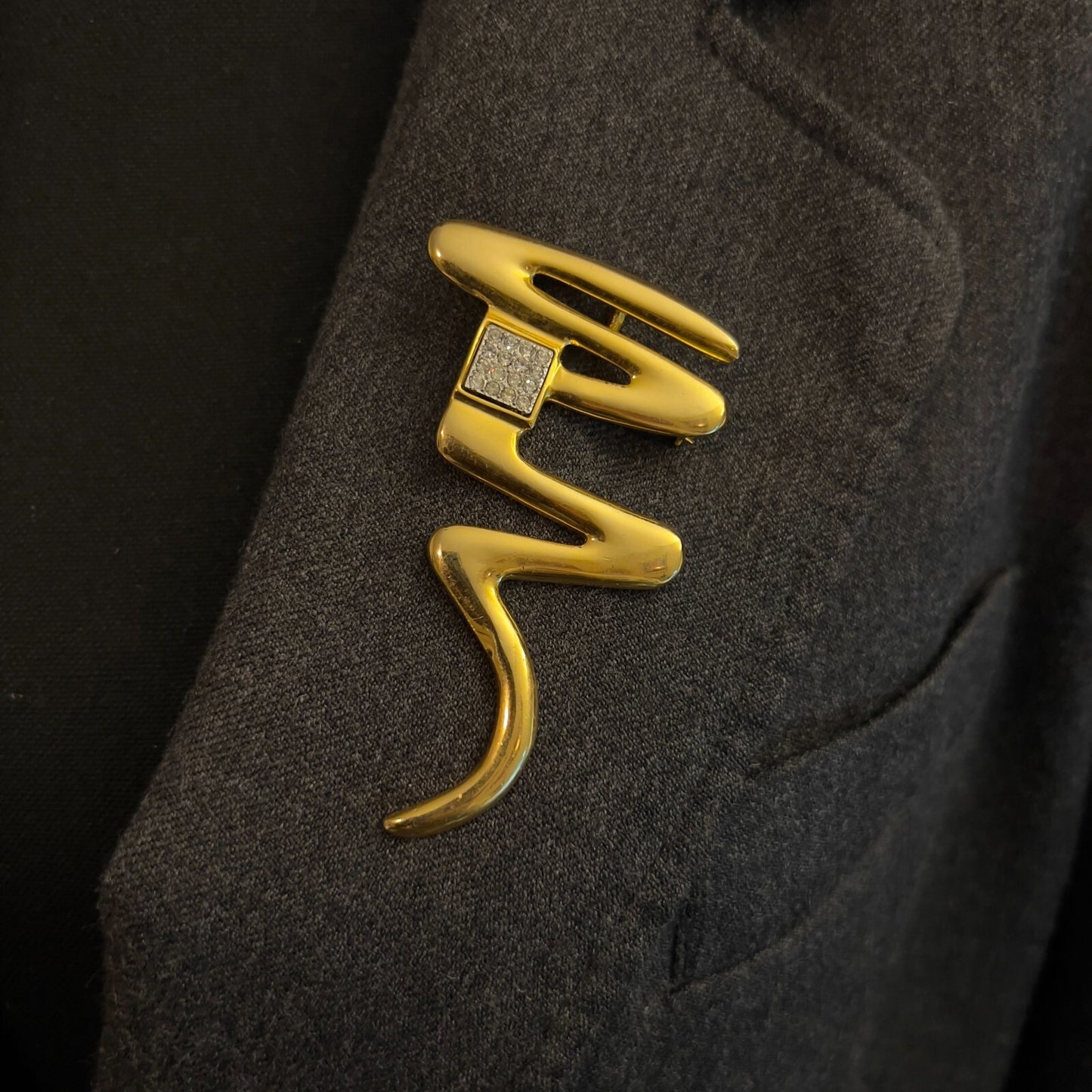 Vintage Gold-Toned Zig Zag Squiggle Signed ParkLane Rhinestones Brooch Pin