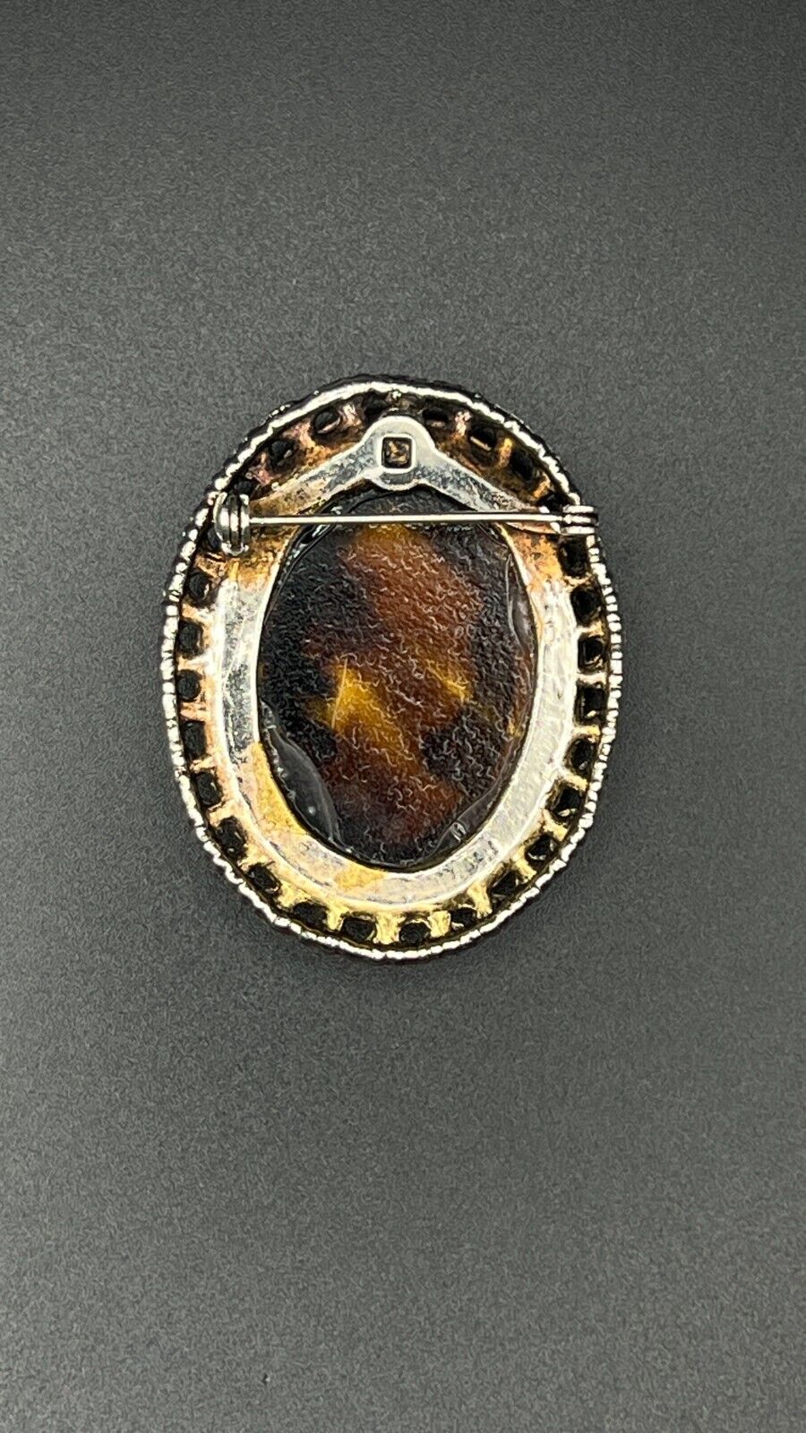 Vintage Novelty Victorian Tiger's Eye Glass Cameo w Brass-Tone Frame Brooch Pin