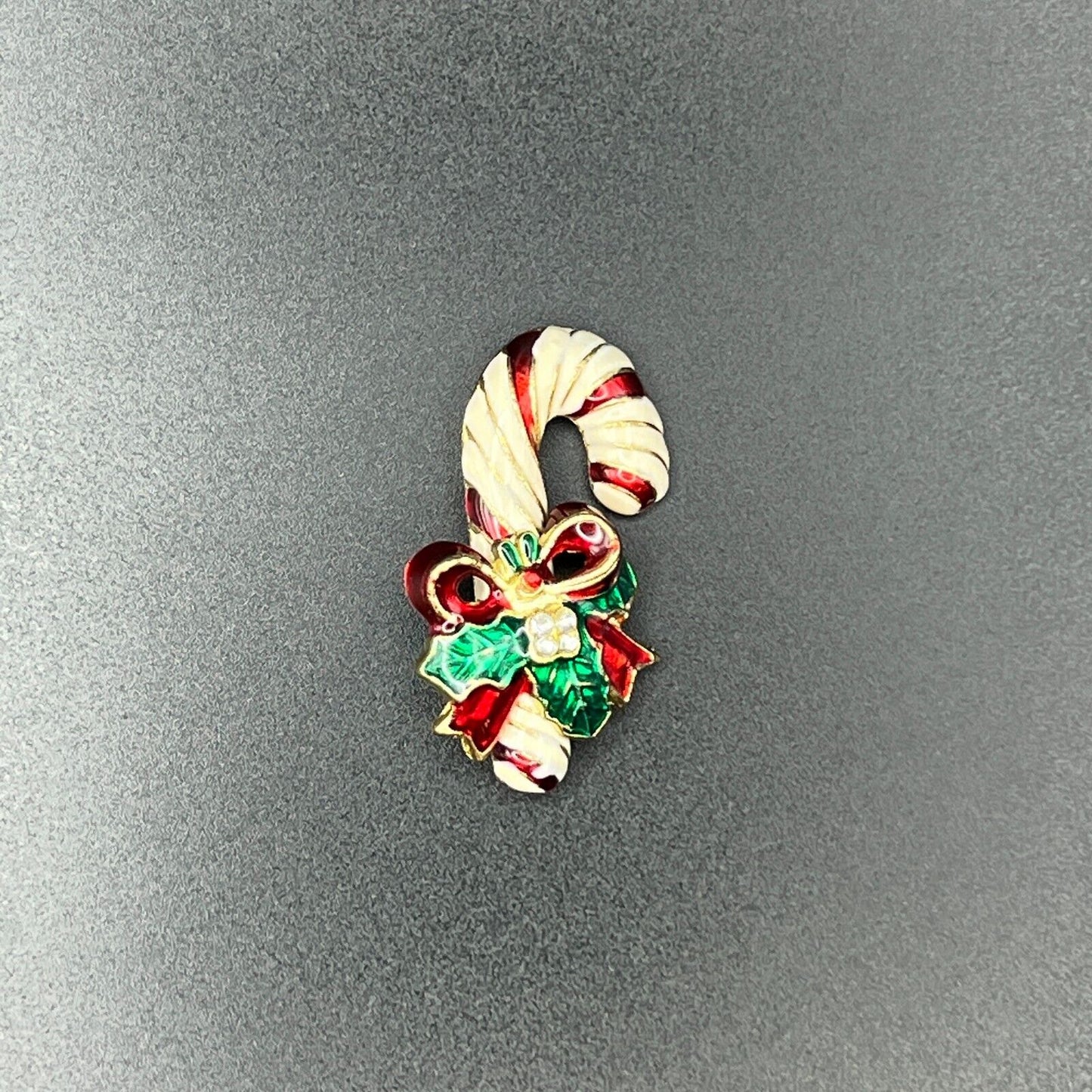 Vintage Novelty Enameled Candy Cane w Red/Green Holly Bow w Crystals Brooch Pin